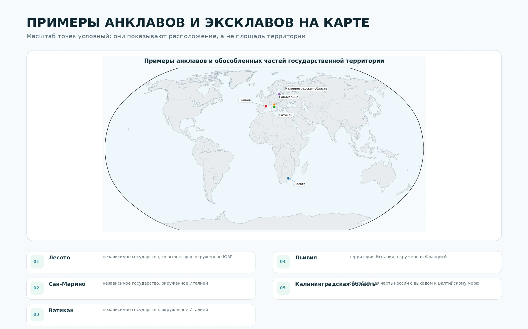 Карта примеров анклавов, эксклавов и обособленных территорий
