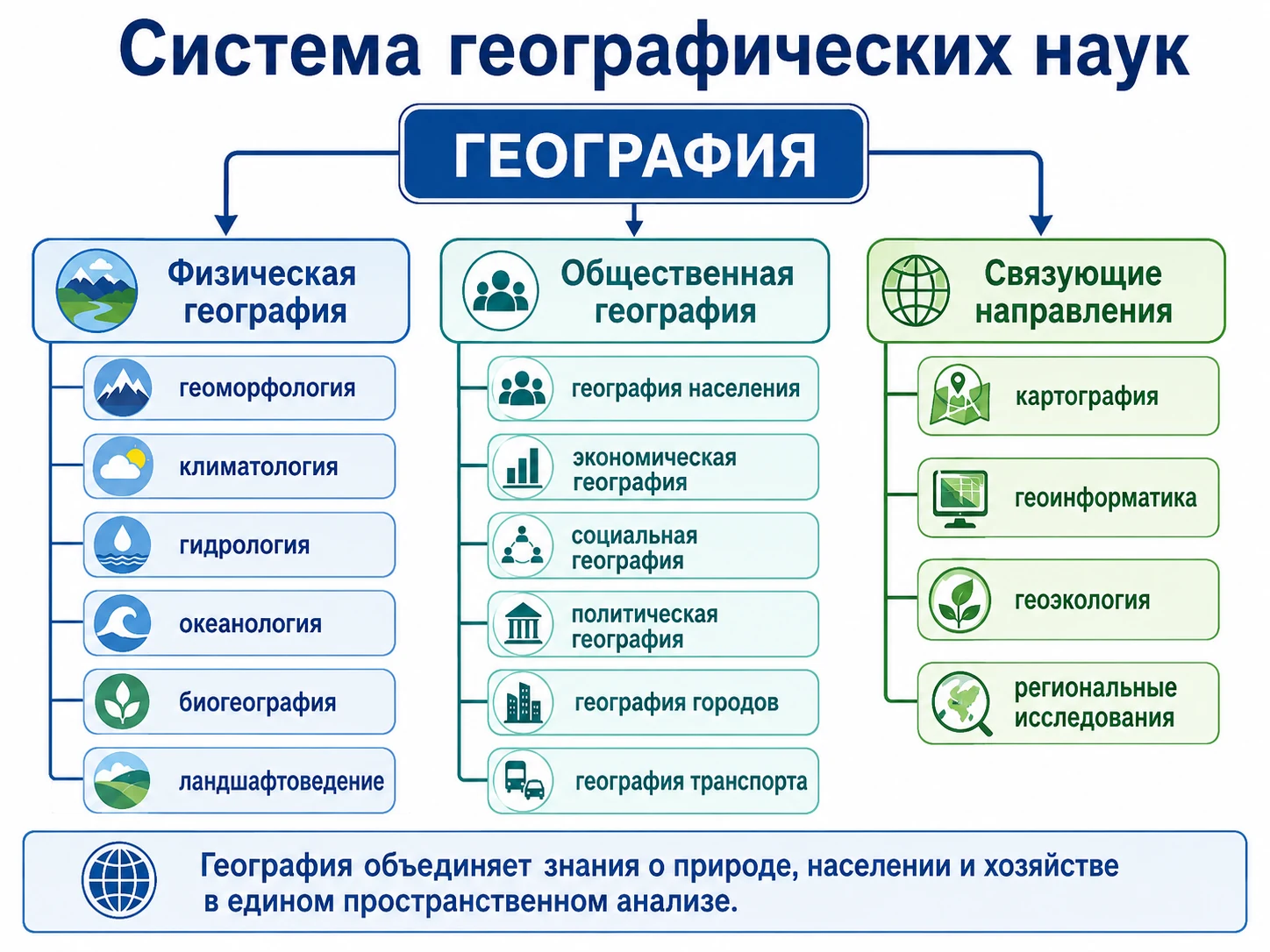 Система географических наук: физическая география, общественная география и связующие направления