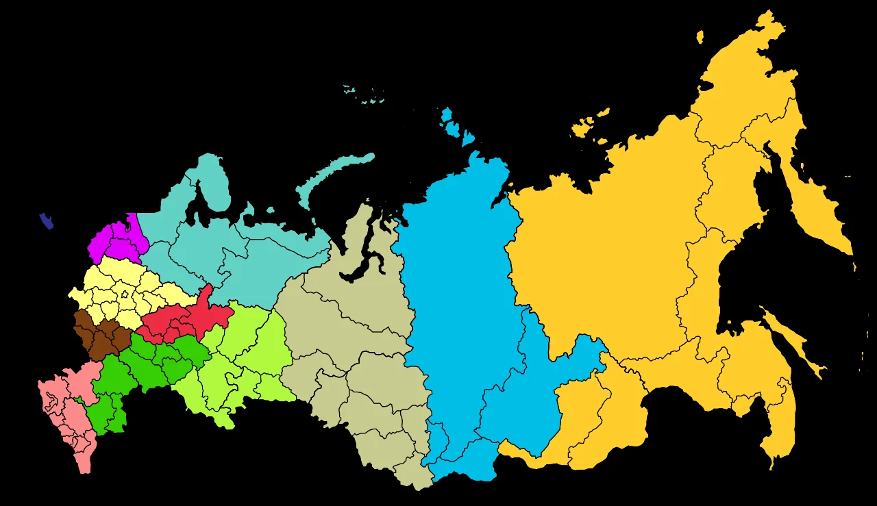 Экономические районы России, выделенные различными цветами
