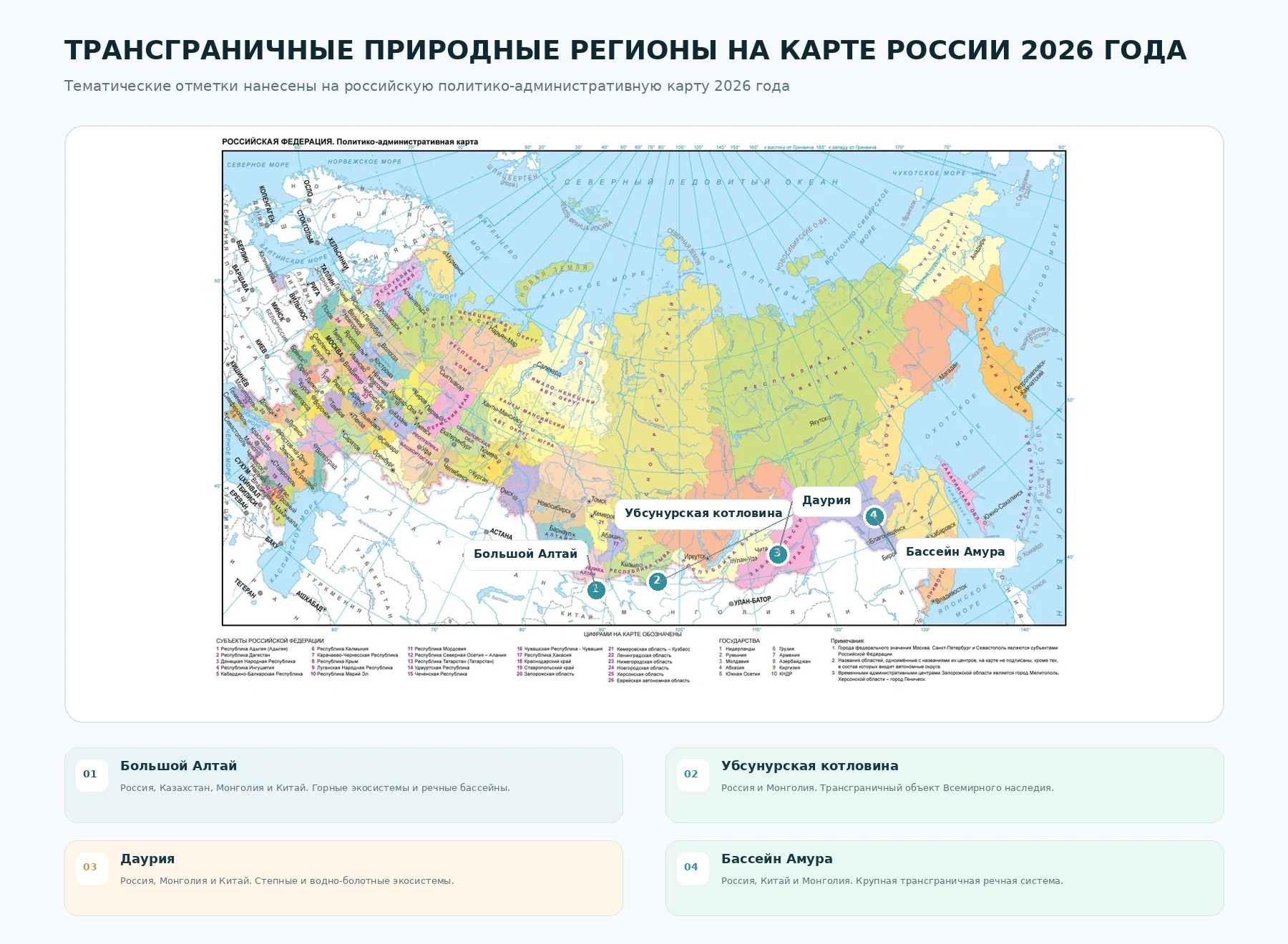 Трансграничные природные регионы на политико-административной карте России 2026 года
