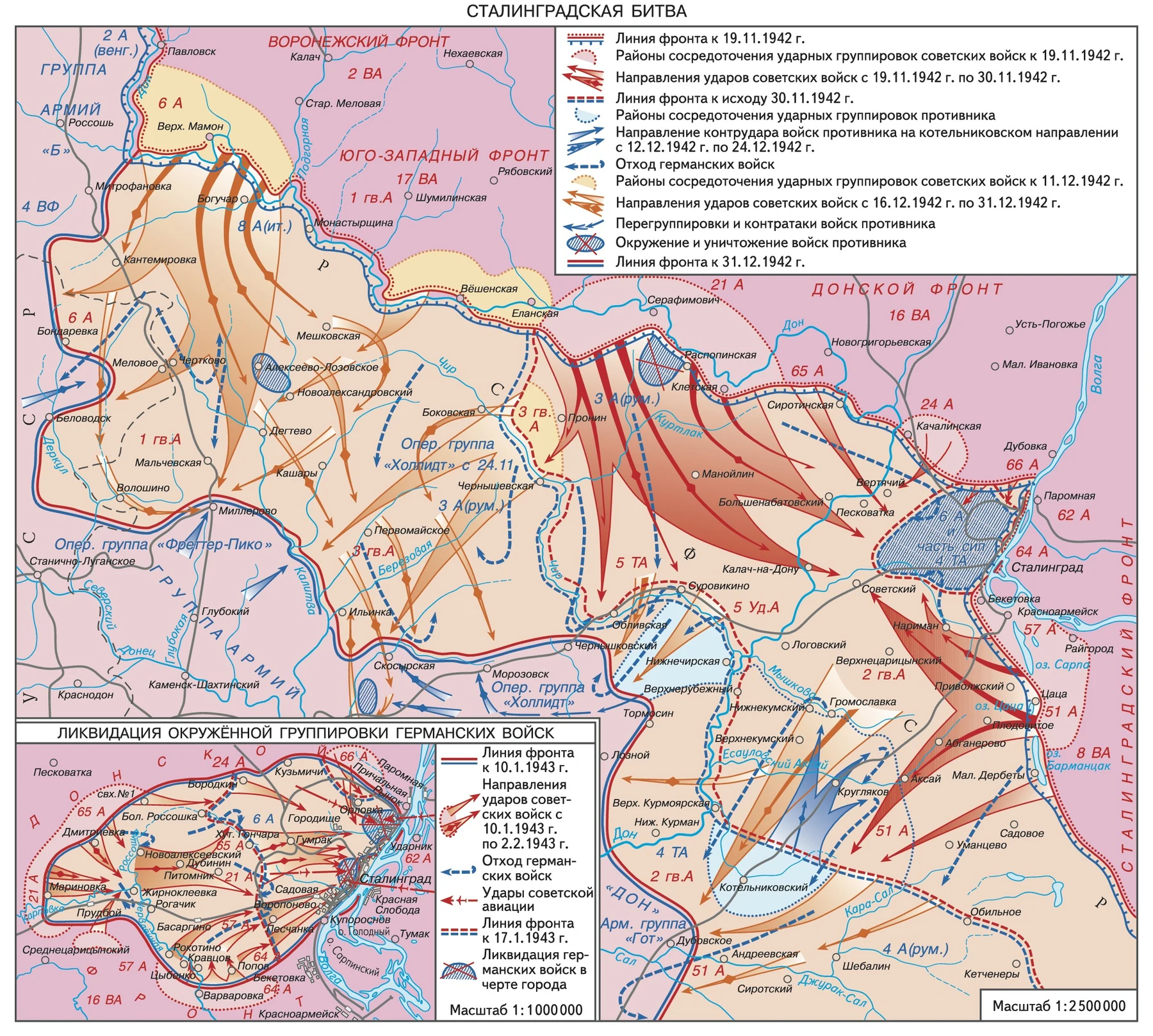 Русскоязычная карта Сталинградской битвы 1942-1943 годов