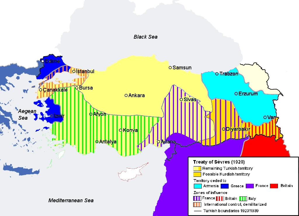 Карта раздела Анатолии по условиям Севрского договора 1920 года