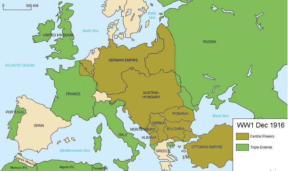 Карта воюющих блоков и линий фронтов в Европе к декабрю 1916 года