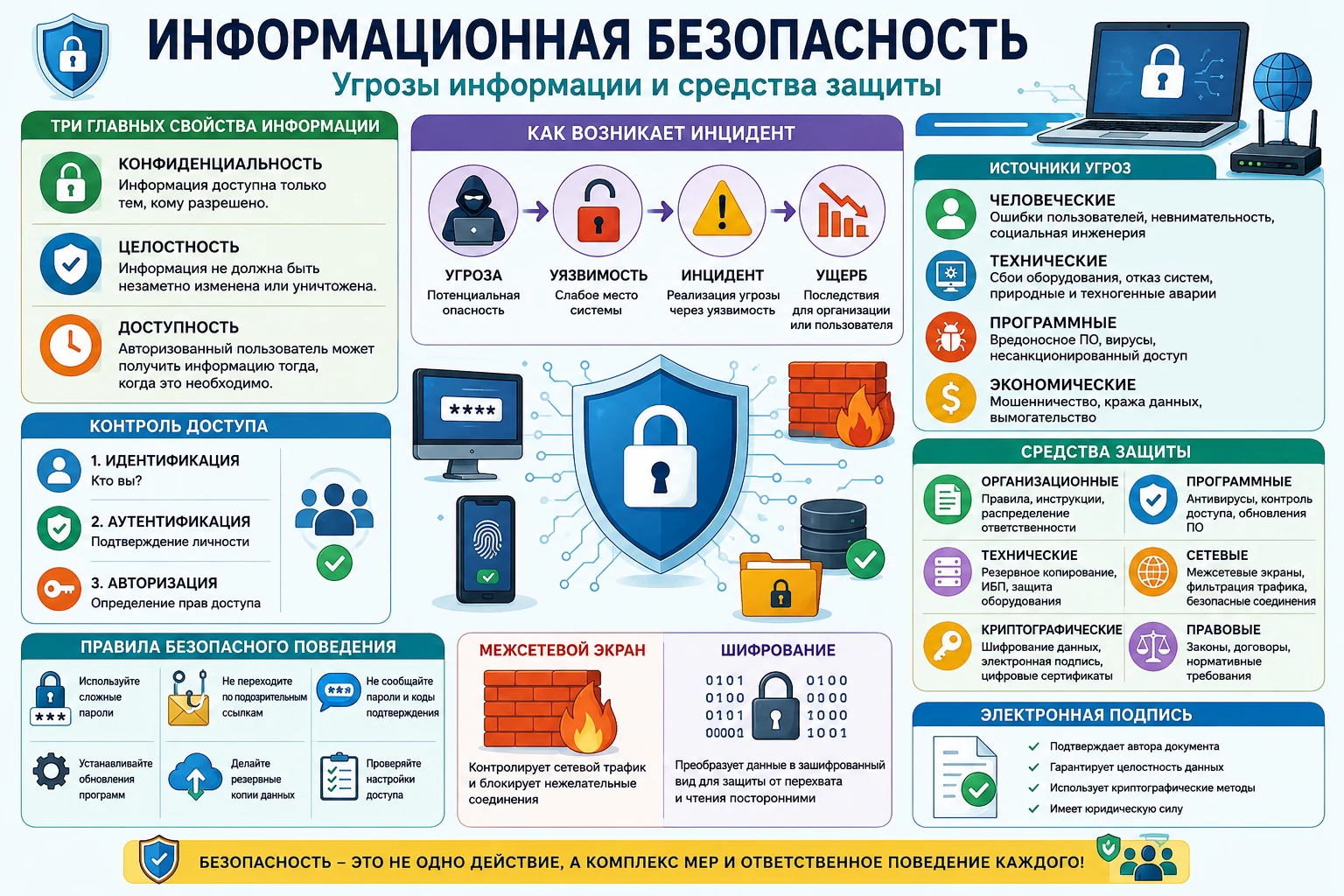 Информационная безопасность: конфиденциальность, целостность, доступность, угрозы, уязвимости, риски, средства защиты, межсетевой экран, электронная подпись и безопасное поведение