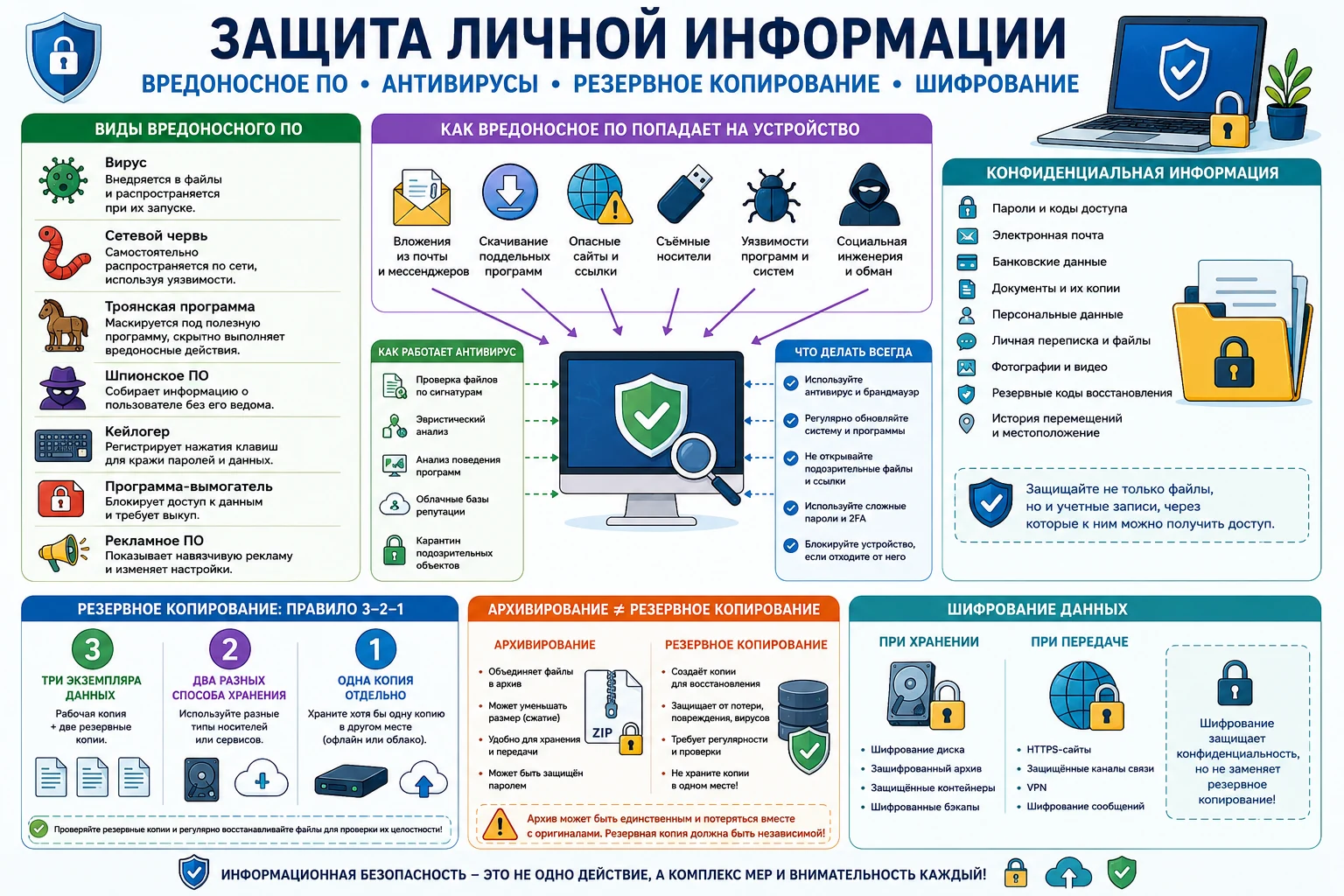 Защита личной информации: вредоносные программы, вирусы, трояны, сетевые черви, антивирус, резервное копирование, правило 3-2-1, архивирование и шифрование