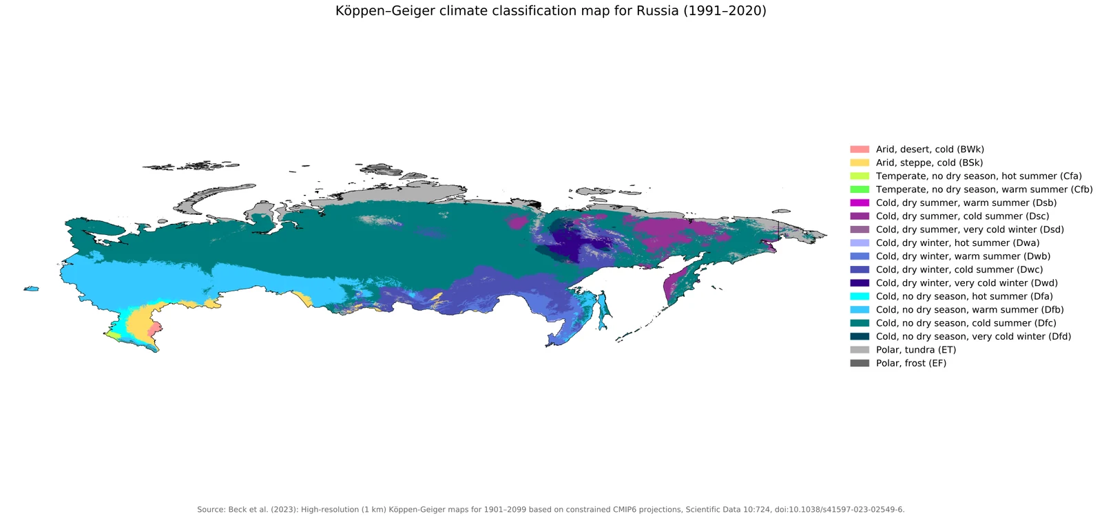 Карта типов климата России по классификации Кеппена и Гейгера для периода 1991-2020