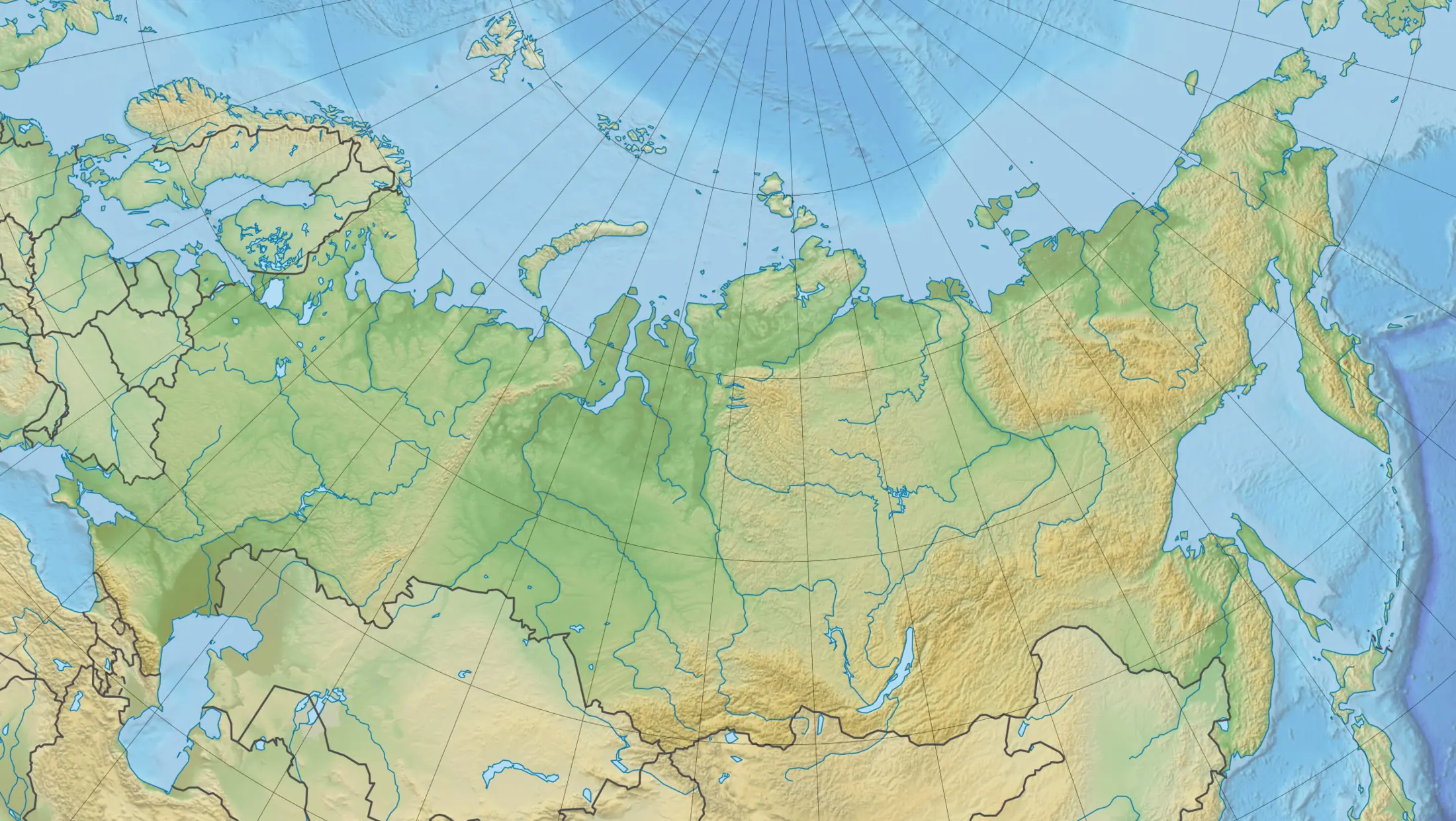Рельефная карта России с оттенками высот, реками и современным территориальным контуром