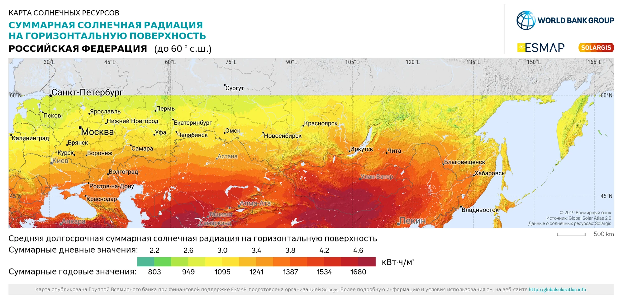 Русскоязычная карта суммарной солнечной радиации на горизонтальную поверхность в России