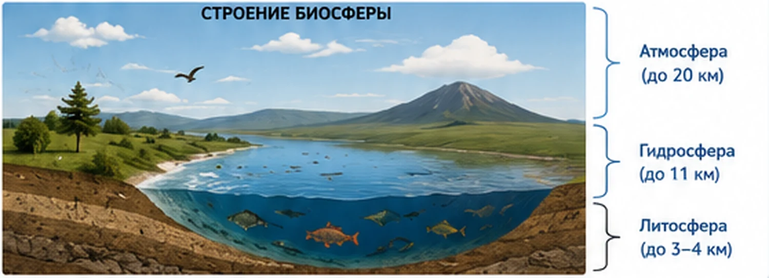 Учебная схема связи биосферы с атмосферой, гидросферой и литосферой