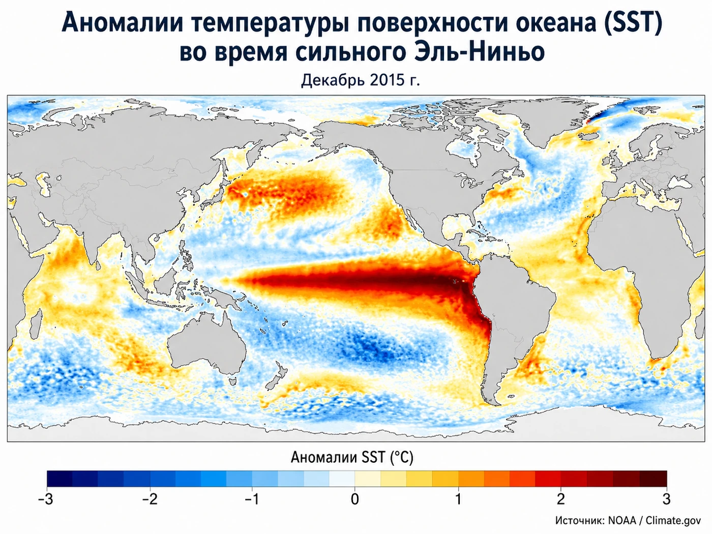 Карта аномалий температуры поверхности океана во время сильного Эль-Ниньо