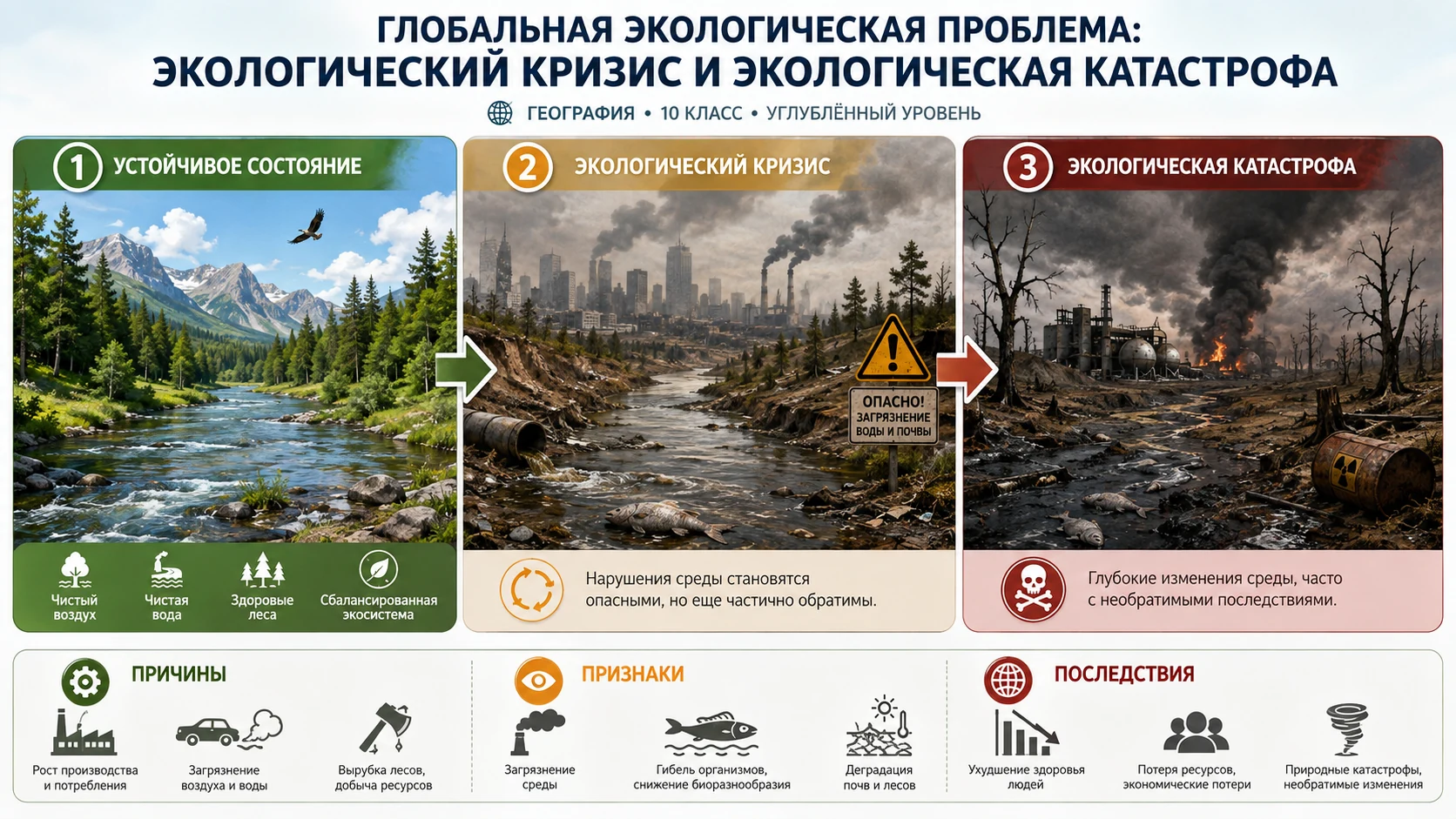 Учебная схема различий между экологической проблемой, экологическим кризисом и экологической катастрофой