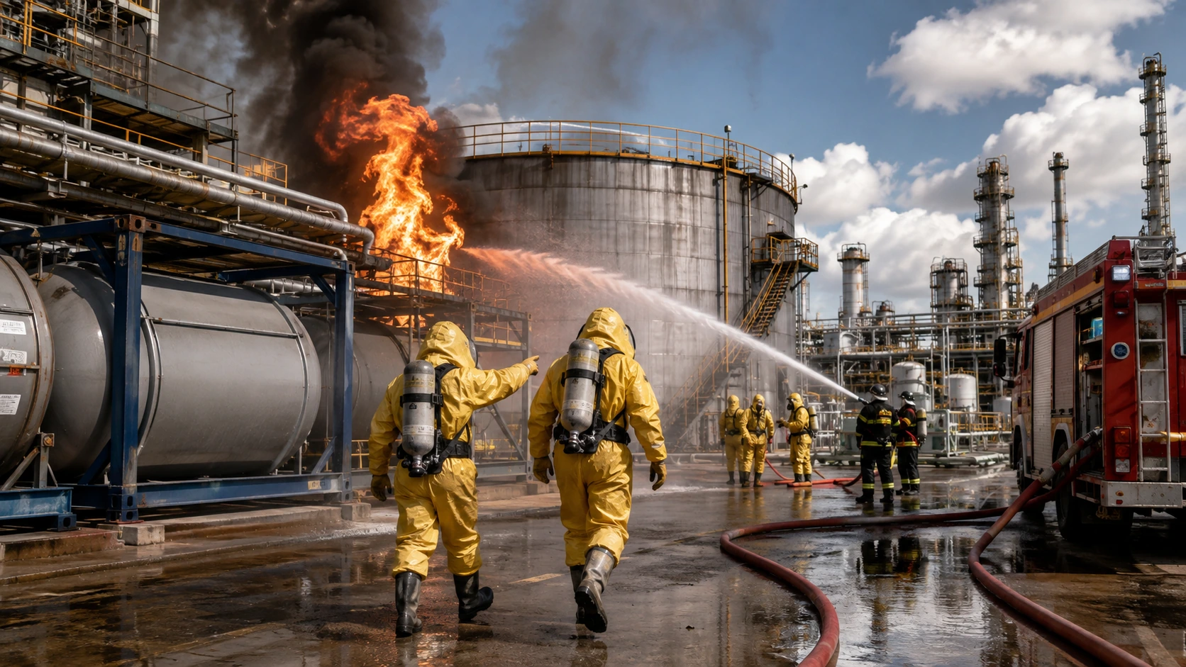 Фотография пожара на нефтеперерабатывающем заводе и работы аварийных служб