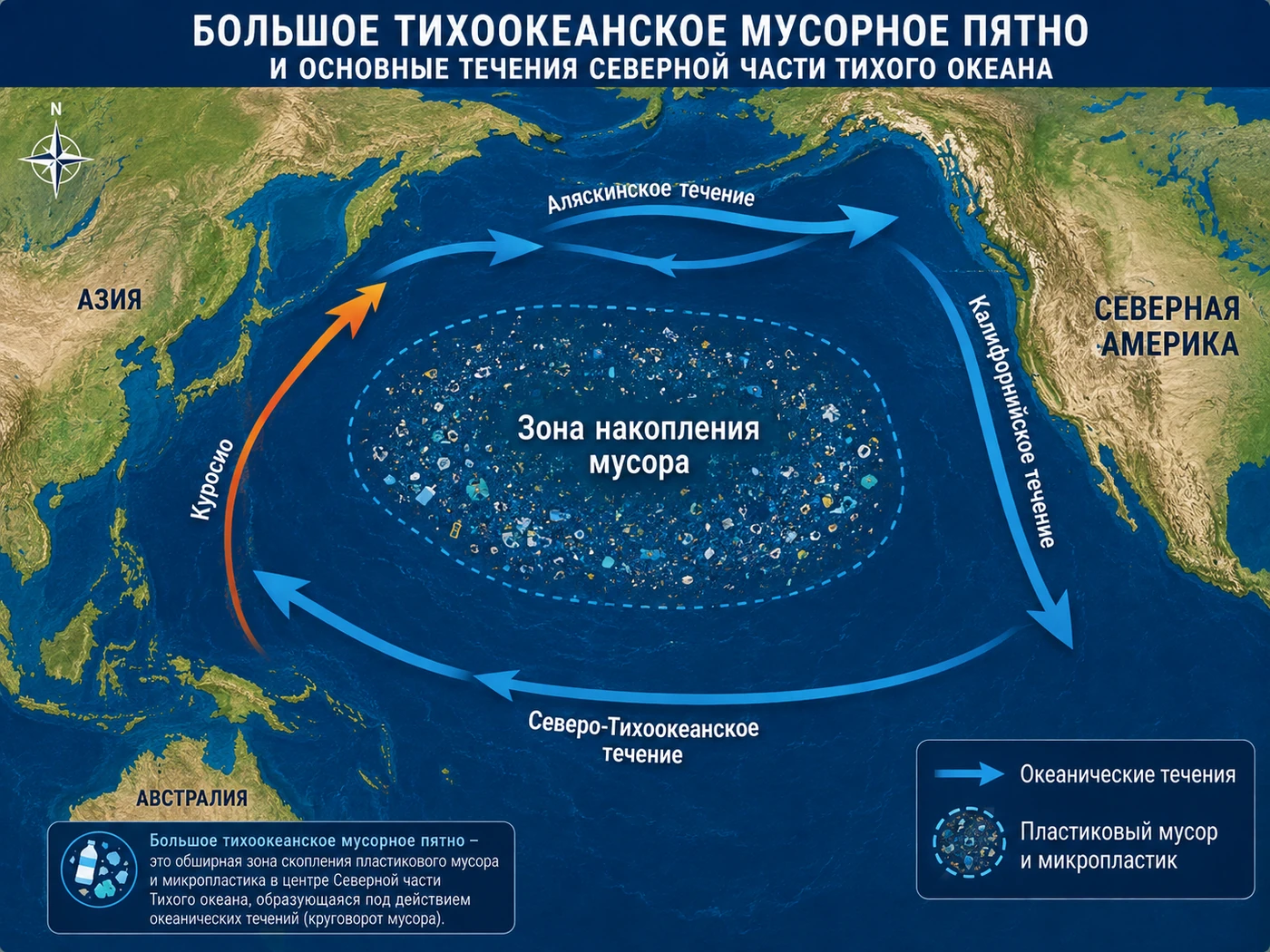 Карта Большого тихоокеанского мусорного пятна и основных течений