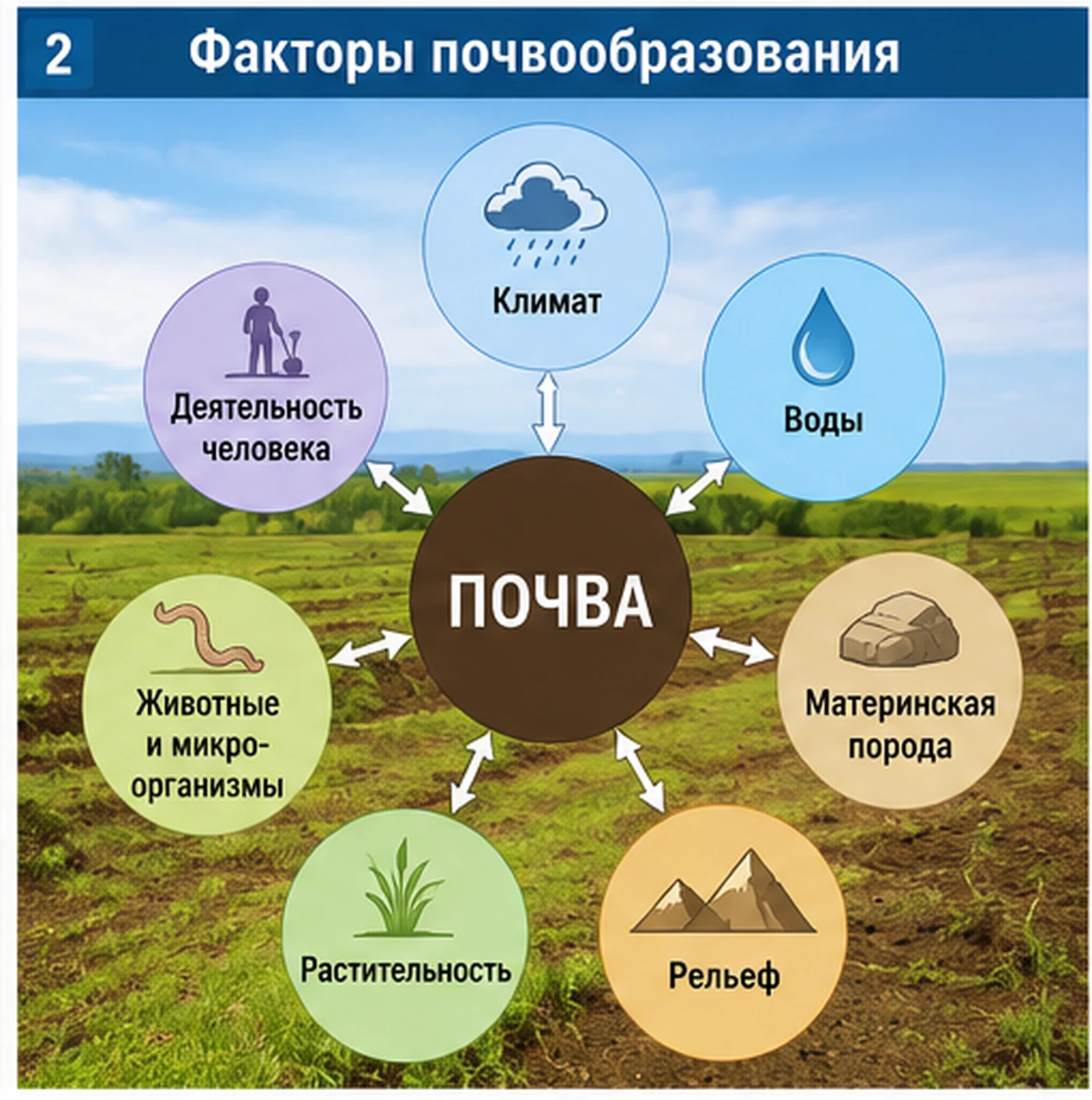 Учебный плакат с факторами почвообразования: климат, воды, рельеф, материнская порода, растительность, микроорганизмы и деятельность человека