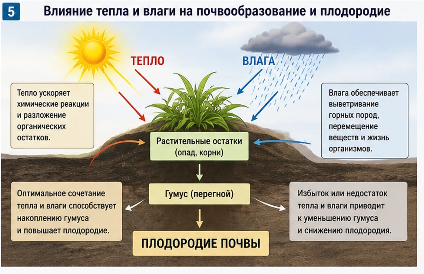 Учебный плакат о влиянии тепла и влаги на почвообразование и плодородие почвы