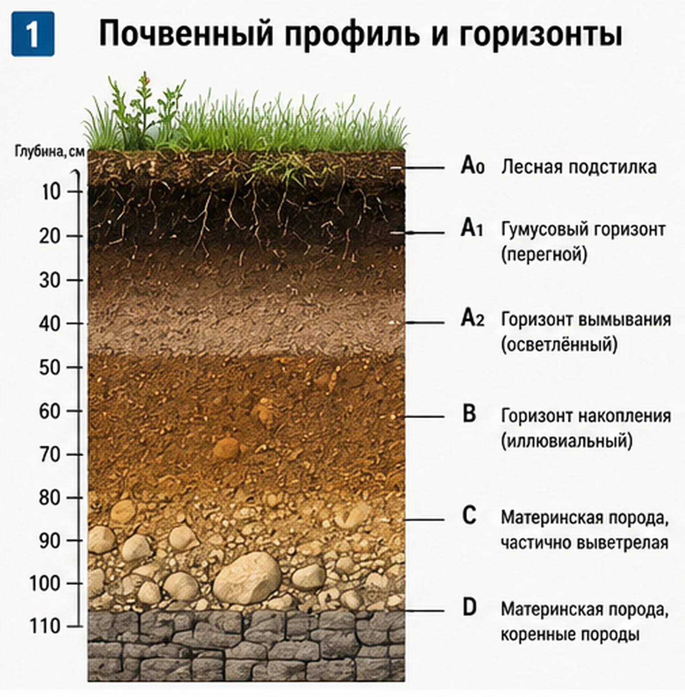 Обобщенная схема почвенного профиля с горизонтами O, A, E, B, C и R