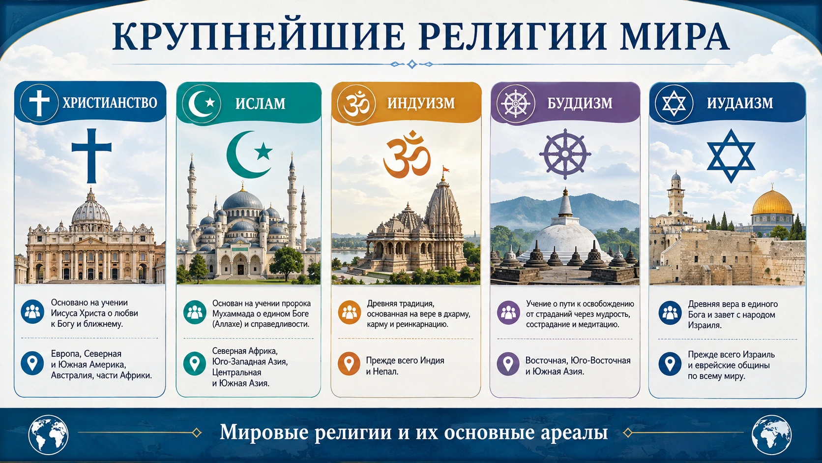 Крупнейшие религии мира: христианство, ислам, индуизм, буддизм и иудаизм