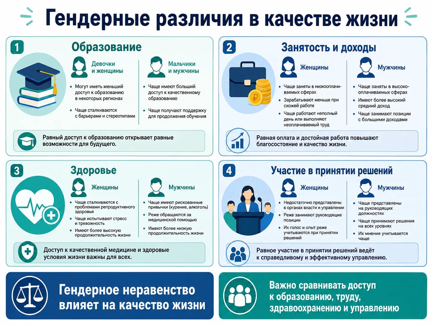 Гендерные различия в качестве жизни: образование, занятость и доходы, здоровье, участие в принятии решений