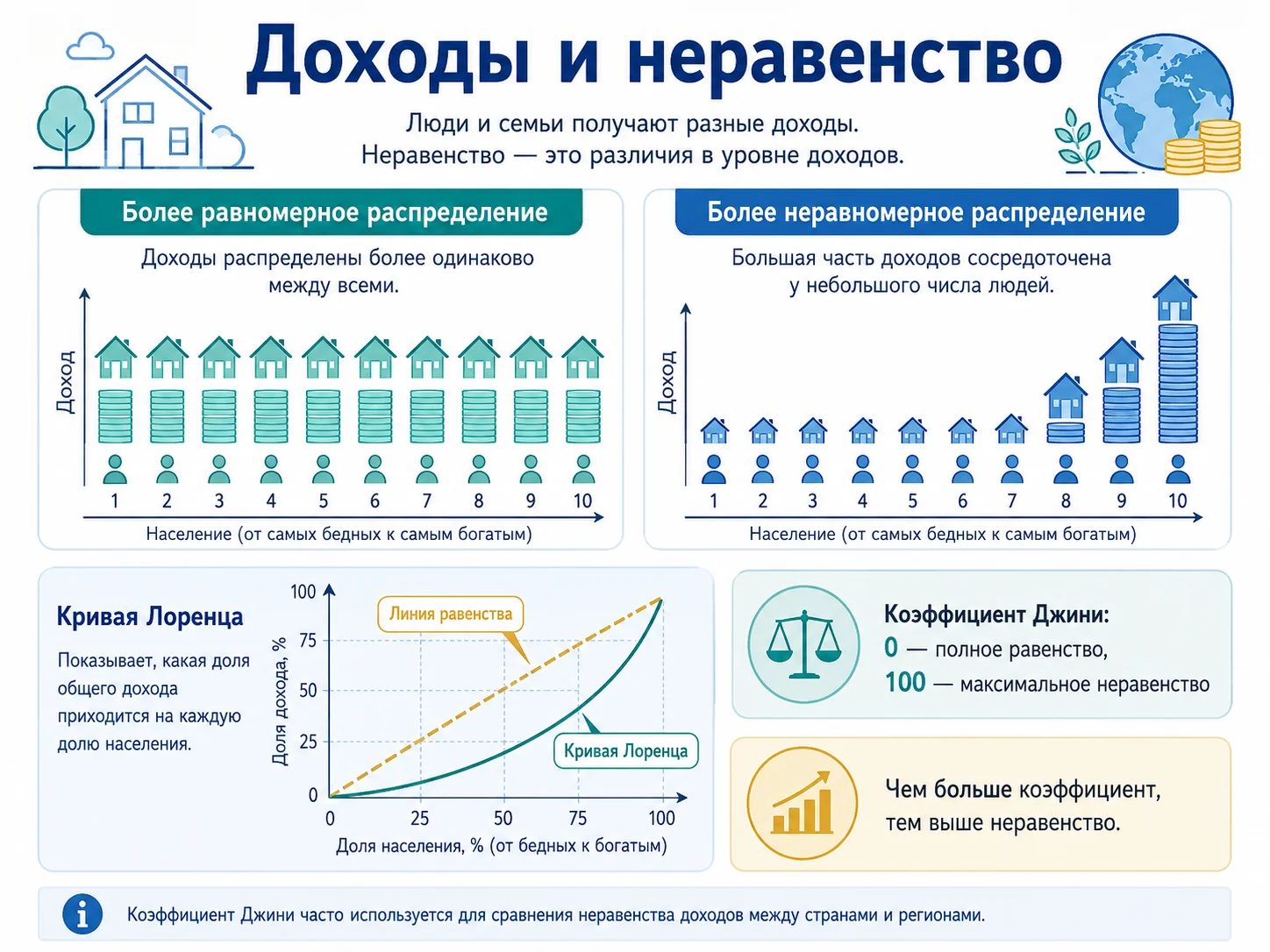 Доходы и неравенство: более равномерное и более неравномерное распределение доходов, кривая Лоренца и коэффициент Джини