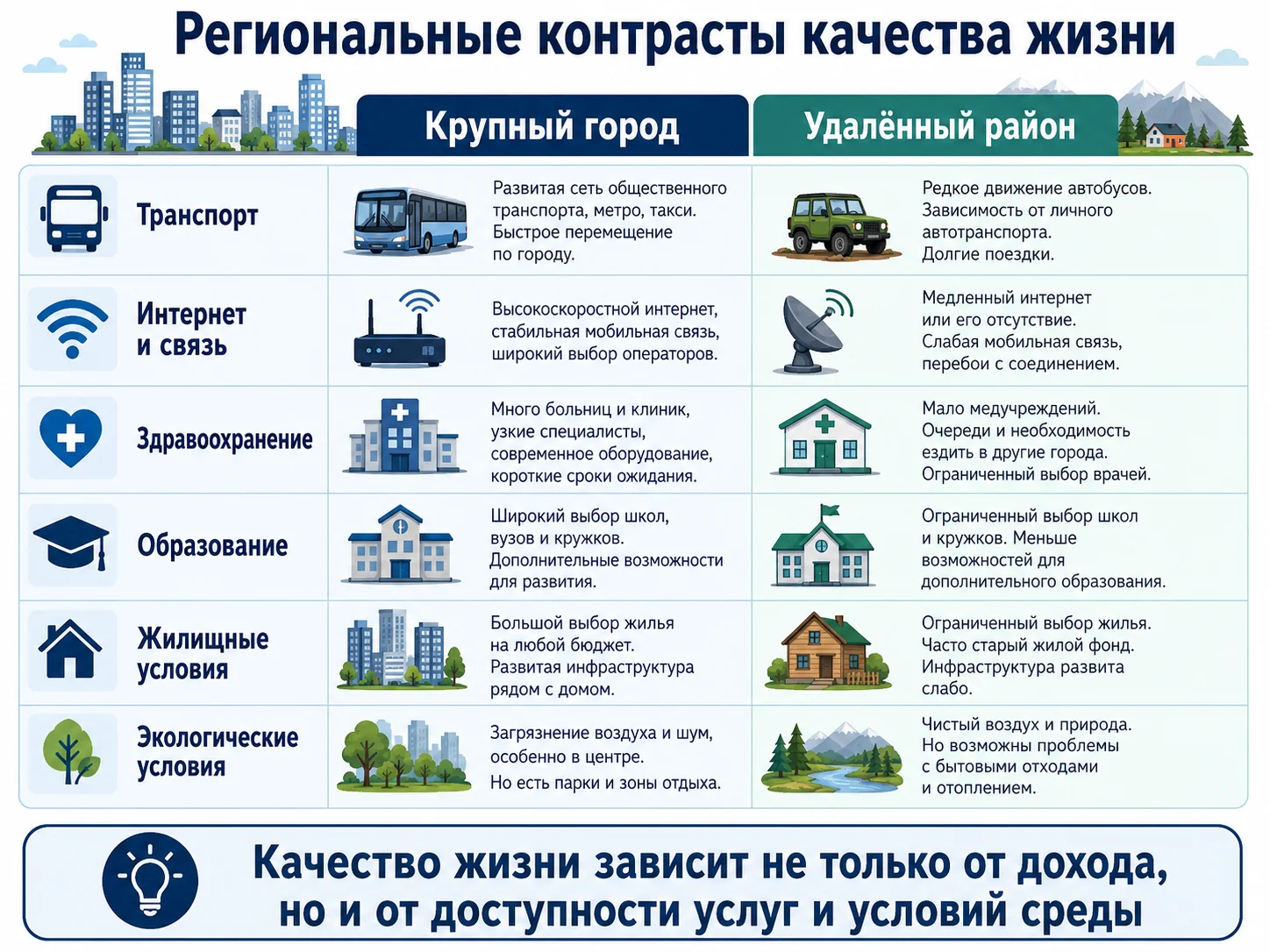Региональные контрасты качества жизни: крупный город и удалённый район, транспорт, интернет, здравоохранение, образование, жильё, экологические условия