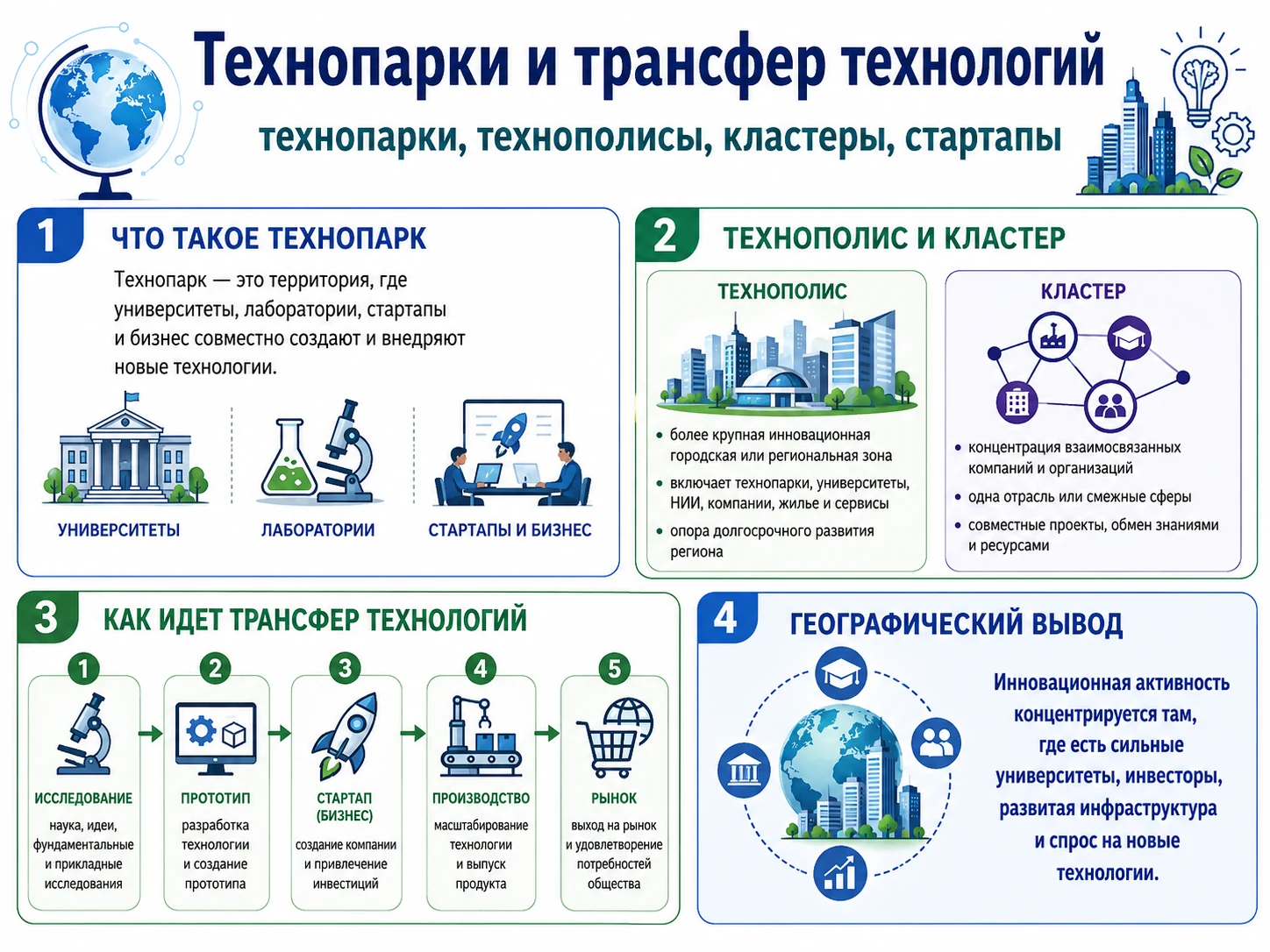 Технопарки, технополисы и трансфер технологий