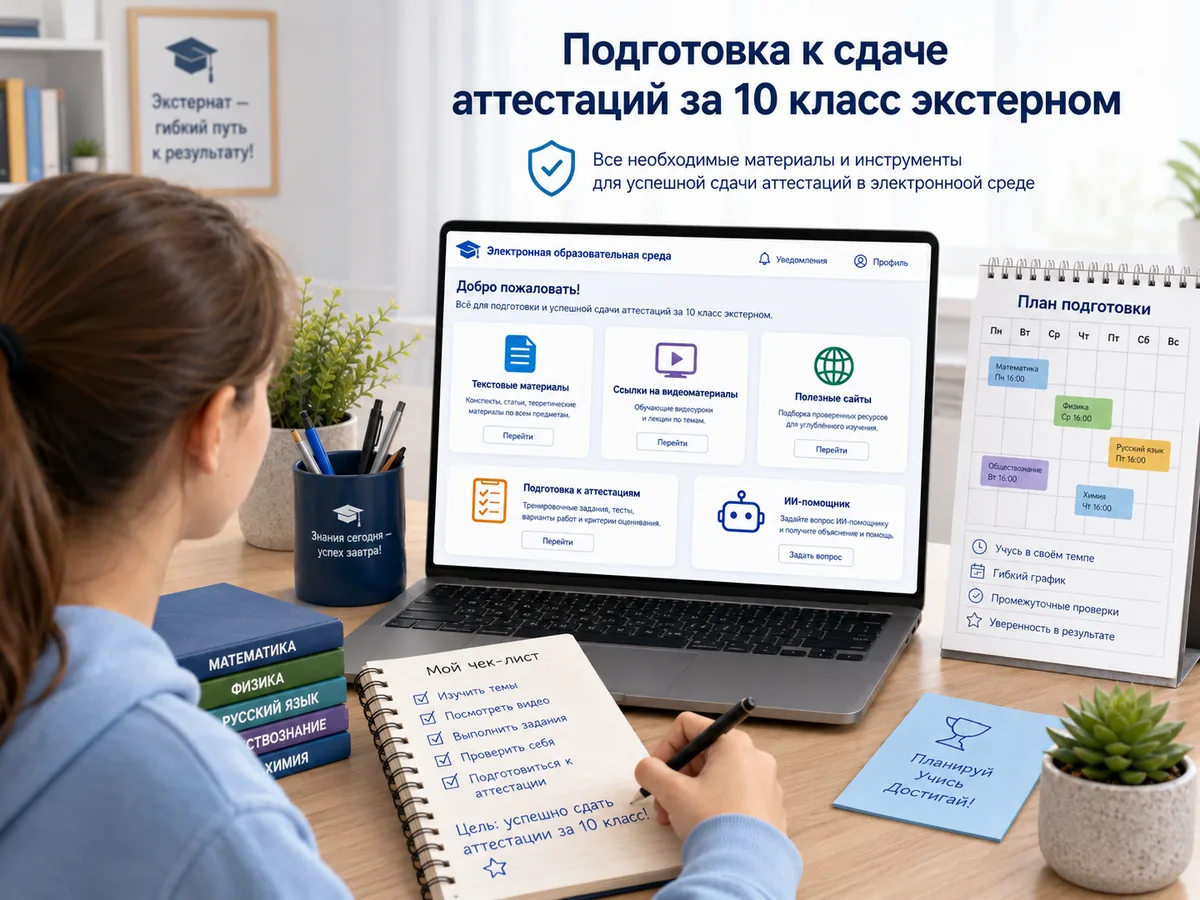 Подготовка к сдаче аттестаций за 10 класс экстерном в Школе ИМТП: ученик работает в электронной образовательной среде, виден план подготовки и материалы для аттестаций
