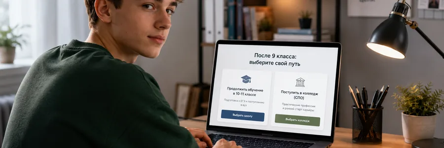 Обучающийся после 9 класса выбирает продолжение обучения в школе или колледж