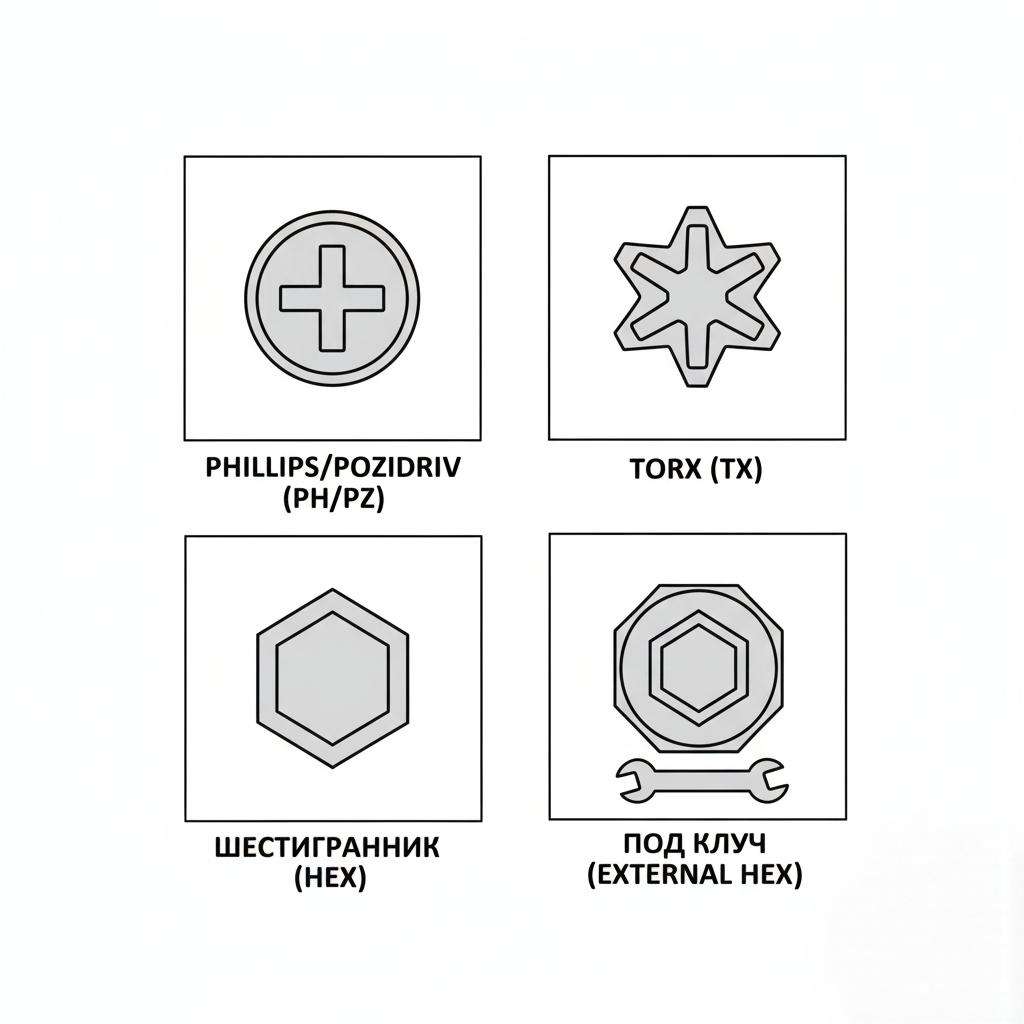 Шляпки и шлицы крепежа: PH/PZ, TORX, шестигранник, под ключ