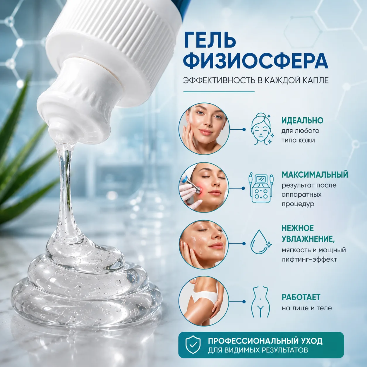 Физиосфера контактный гель с гидролизатом коллагена и алоэ вера для электропроцедур, аппаратной косметологии, RF-лифтинга, УЗТ, 250 мл