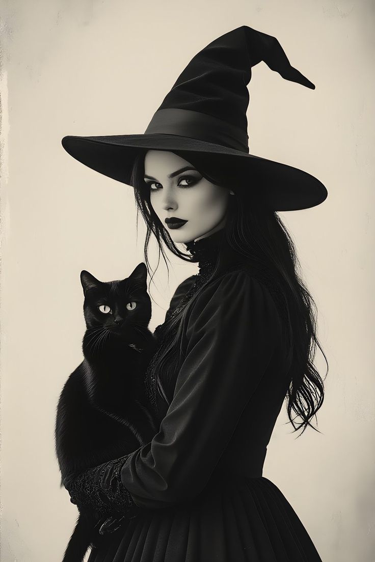 Witch and cat photoshoot | Black witch halloween, Witch photo with cat, Vintage witch photos