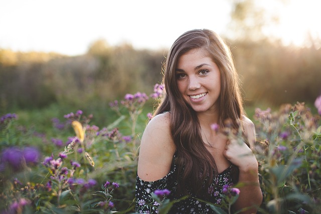 woman, model, portrait, beautiful flowers, hairstyle, brunette, young woman, female, girl, modeling, pose, posing, flowers, flower wallpaper, field, flower background, countryside, dress, nature, outdoors, summer, happy, laughing, smile, smiling, happiness