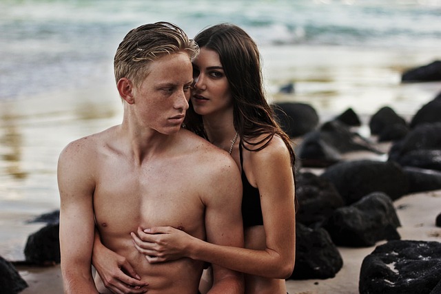 adult, beach, interaction, love, man, ocean, outdoors, people, recreation, romance, sand, sea, seashore, summer, nature, togetherness, vacation, water, woman, hug, embrace, couple, caucasian