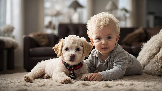 dog, baby, portrait, child, animal, cute, pet, living room