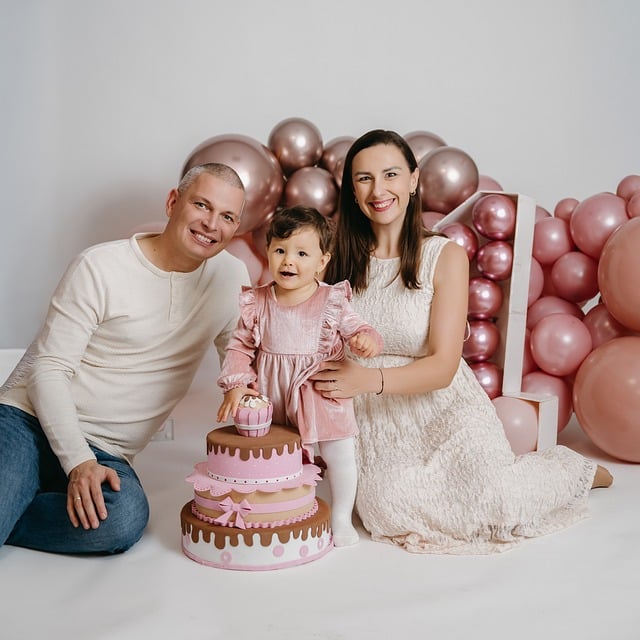 birthday celebration, family, balloons, cake, pink, little girl, smile, dress, parents, celebration, photography, toy, child, portrait, happy, toddler, joy, cute, casual