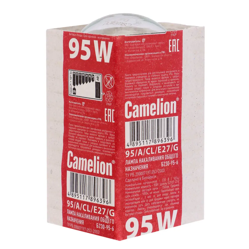 Лампа накаливания с прозрачной колбой Camelion, 95/A/CL/E27/G, ЛОН, ГОФРА, Б230-95-6 - #2