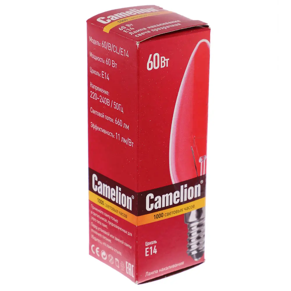 Лампа накаливания с прозрачной колбой MIC Camelion, 60/B/CL/E14, свеча - #2