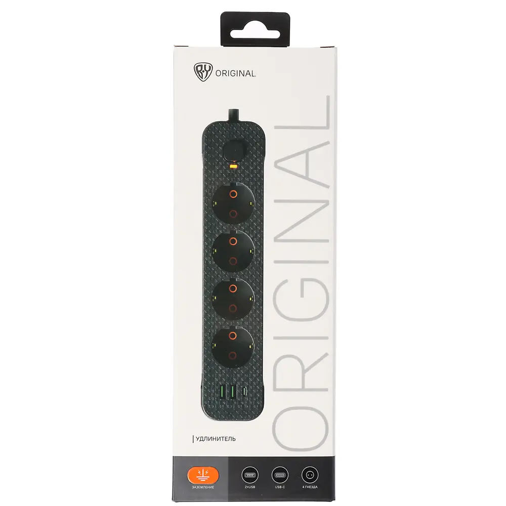 Удлинитель 4 гнезда 3м BY, с зазем. + 2USB+ 1type C с защ., с выкл. черн. карбон сеч провода 1мм - #2