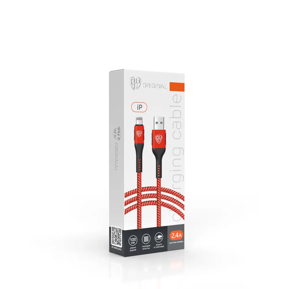 Кабель для зарядки USB(A)-iP BY Silky, 1м, Быстрая зарядка 2.4А, 12Вт, тканевый, красный - #2