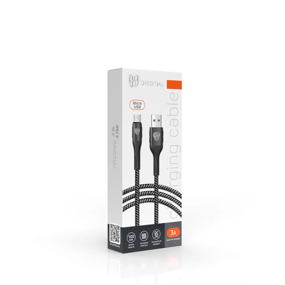 Кабель для зарядки USB(A)-microUSB BY Silky, 1м, Быстрая зарядка 3А, QC, PD 20Вт, тканевый, черный - #2