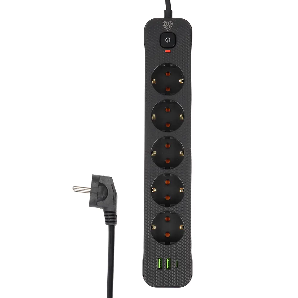 Удлинитель 5 гнезд 3м, BY, с зазем. + 2USB+ 1type C с защитой, с выкл.черн карбон сеч провода 1мм - #1