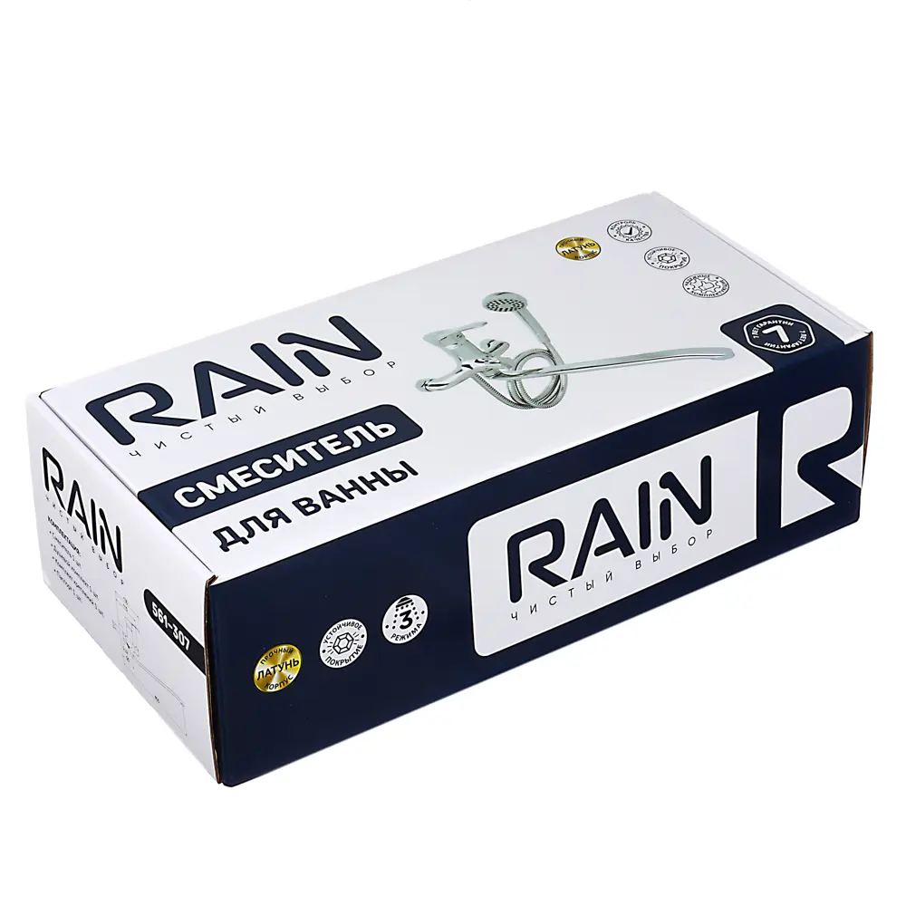 RAIN Смеситель для ванны Мира, изогнутый излив 35см, душ. набор, картридж 35мм, латунь, хром - #7