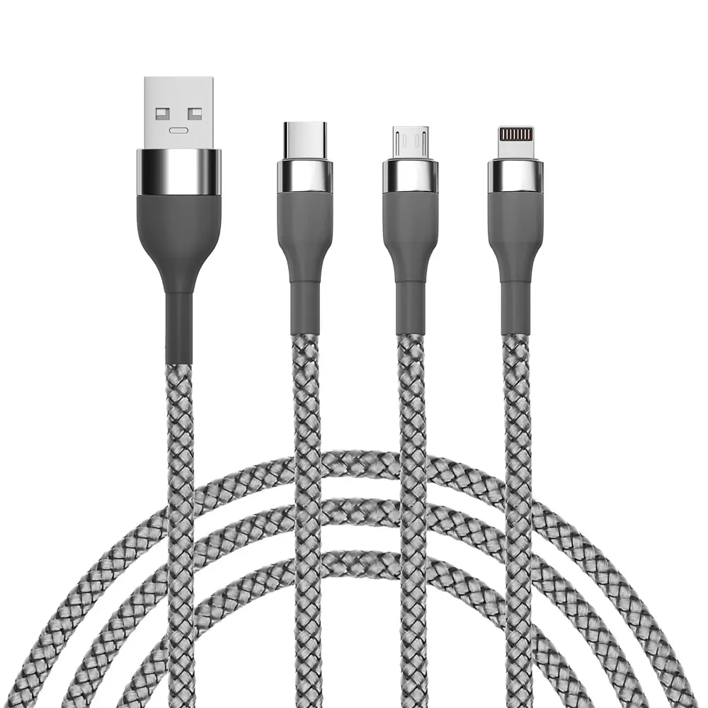 Кабель для зарядки 3в1 iP/microUSB/Type-C BY, 1.5м, 2.1А, тканевая оплётка, металлик, серый - #1