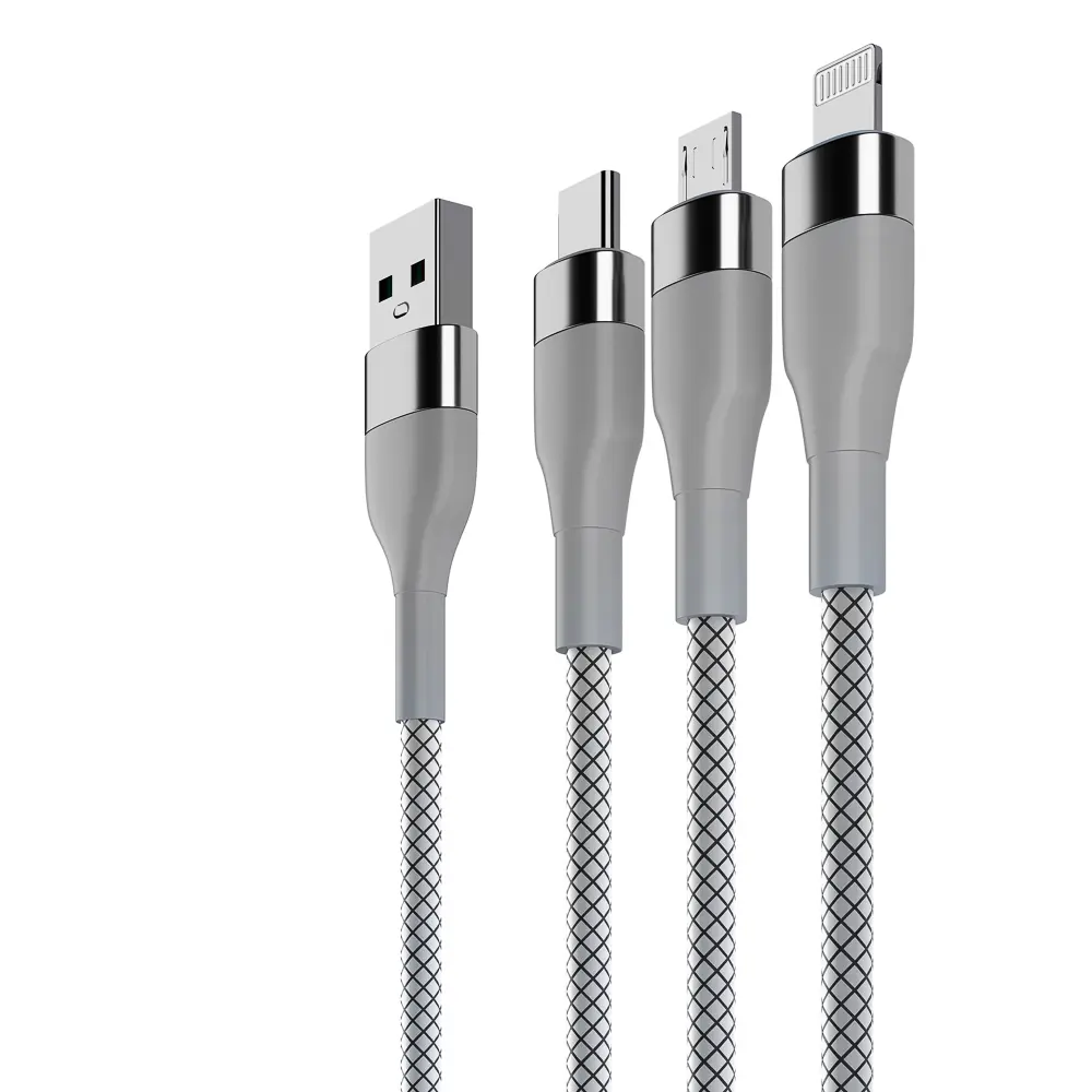 Кабель для зарядки 3в1 iP/microUSB/Type-C BY, 1.5м, 2.1А, тканевая оплётка, металлик, серый - #3