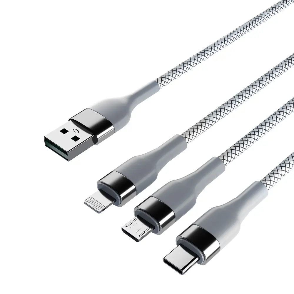 Кабель для зарядки 3в1 iP/microUSB/Type-C BY, 1.5м, 2.1А, тканевая оплётка, металлик, серый - #4