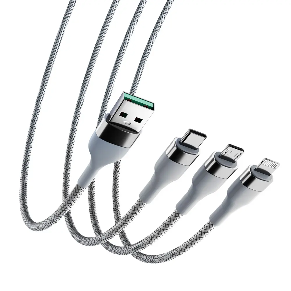 Кабель для зарядки 3в1 iP/microUSB/Type-C BY, 1.5м, 2.1А, тканевая оплётка, металлик, серый - #5
