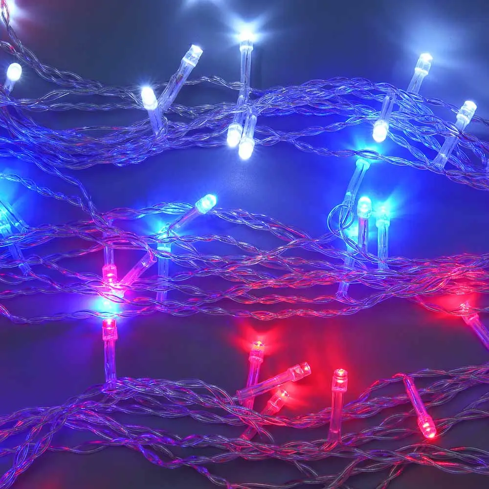 СНОУ БУМ Гирлянда эл. занавес 2х2м, 100LED, 10 нитей, триколор,пост.свеч., ПВХ прозрачный, 220В - #1