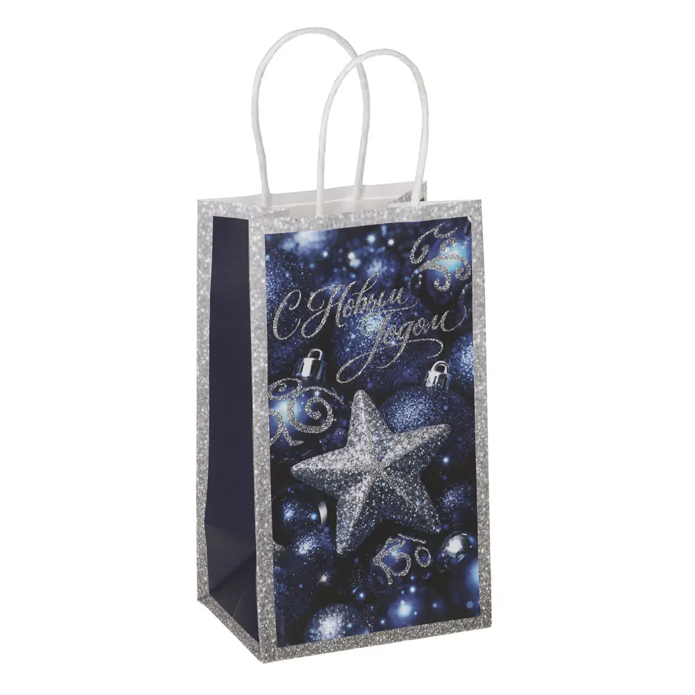 Пакет подарочный крафт тм СНОУ БУМ 12x21x9 см с круч.ручками 4 диз, 150гр/м2 глит Новогодние игрушки - #2