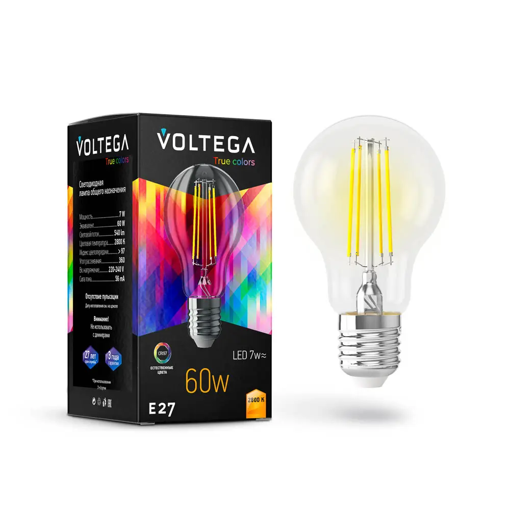 Лампа филаментная Voltega A60 7Вт 2800K E27 CRI97 (7154) - #1