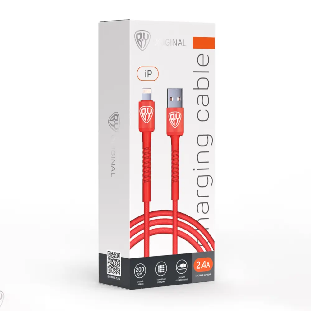 Кабель для зарядки USB(A)-iP BY XXL, 2м, 2.4А, Быстрая зарядка, красный - #2