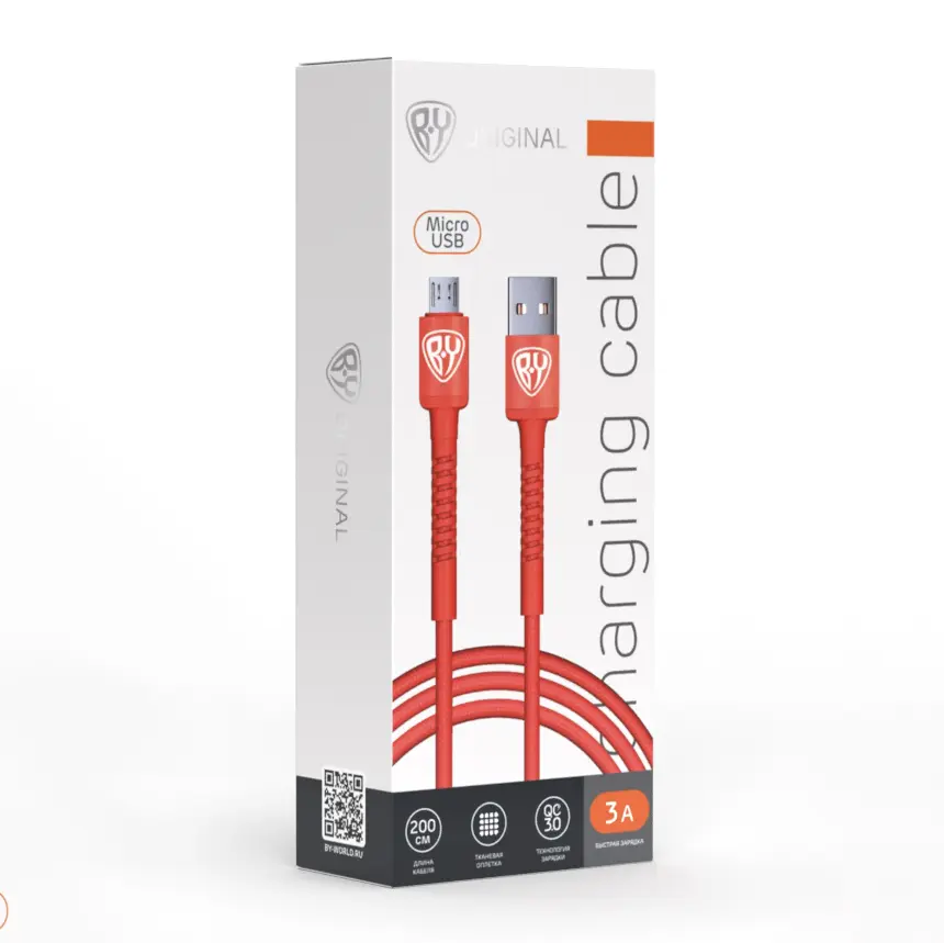 Кабель для зарядки USB(A)-microUSB BY XXL, 2 м, 3А, Быстрая зарядка QC3.0, красный - #2